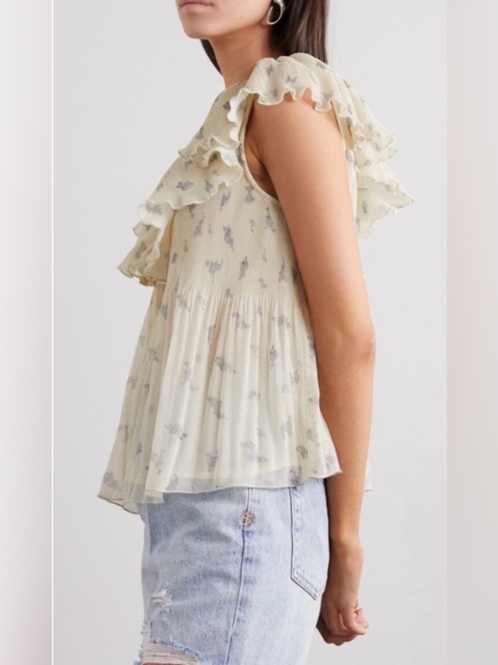 Ganni Plisse Pleated Georgette Top Floral S Feminine Flowy Cottagecore Career